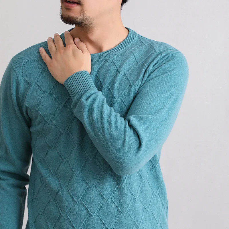 Шикарные цвета мужской круглый вырез мериносовая шерсть пуловер спереди Алмазный вязаный узор свитер уникальная Мода Нежные мужские джемперы - Цвет: Бирюзовый