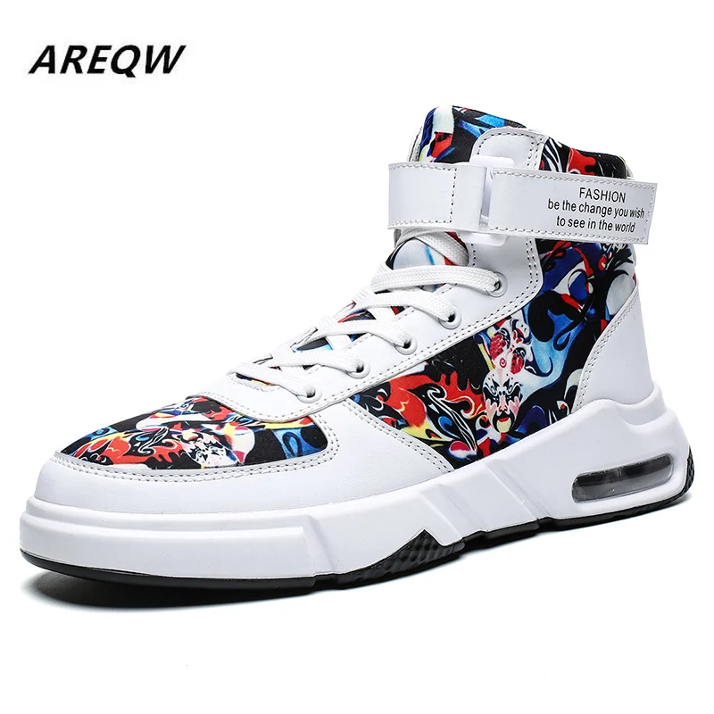 

2019 Spring and Autumn Graffiti Color Matching Men's Laced Sneakers Outdoor Hiking Trend Flat High High New Casual Shoes