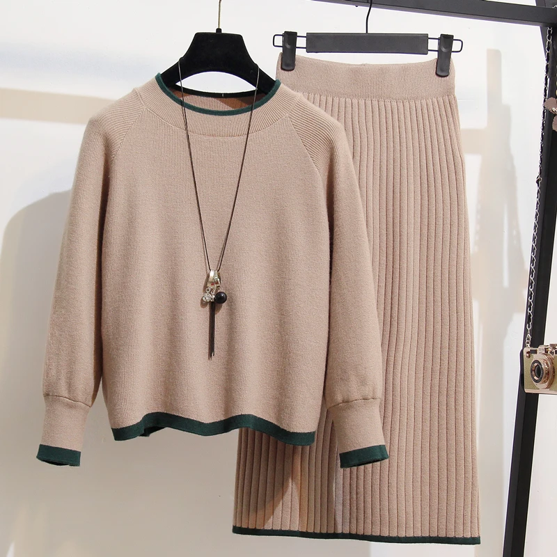 

2019 Winter Knitted 2 Pieces Set Women Long Sleeve Loose Pullover Sweater + Long Package Hip Skirt Set Female Sweater Suits Set