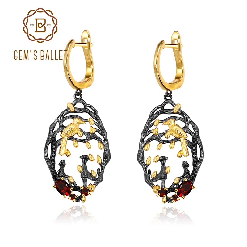 GEM'S BALLET Black &amp 18k gold over 925 silver two tone Handmade Never-flowers in never-dream Natural Garnet Woman’s Earrings |