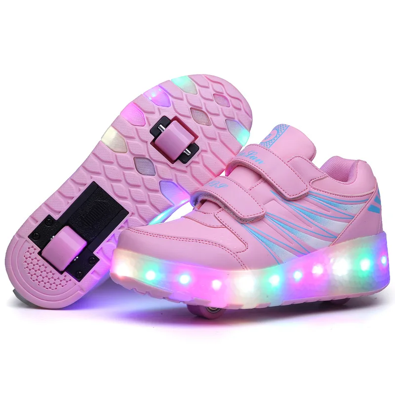 Kids Boys Girls LED Double Wheels Fashion Casual Skate Sneaker Roller Skateboarding Shoes Outdoor Sports Gymnastics Fitness Trainers Shoes USB Charging 7 Colour Flashing Luminous Shoes 