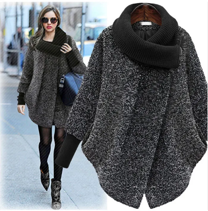 Plus Size Bat Sleeved Woolen Coat Scarf Collar Jackets Women Winter Fashion Outerwear Thicker Loose Coat Zipper Casual