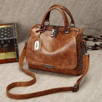 

Women's Handbag Oil Wax Leather Fashion Rivet Boston Bag Vintage Tote Bags For Women Leather Bags Women Messenger Bags Designer