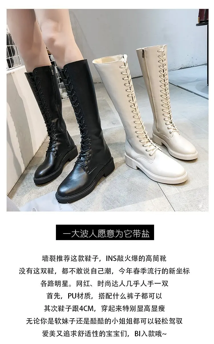 Knight boots cross-tied flats back zipper knee-high booties handsome women shoes winter botas sewing female botines leather