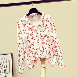 Цветочная шифоновая рубашка 2019 осень Новая женская с v-образным вырезом прозрачная дизайнерская блузка с длинными рукавами белые топы blusas