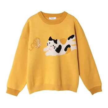 

Naughty Kitten Playing With Thread Balls Women Loose Pullover Sweater Long Sleeves Autumn Winter Warm Knitted Tops Yellow