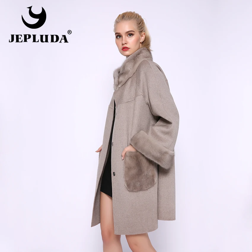 JEPLUDA шерстяное пальто женское кашемир норковые воротник манжет карман Plus Size пальто женское кашемировое с мехом норки весна-осень женская куртка из натурального меха норка большой размер женская пиджак