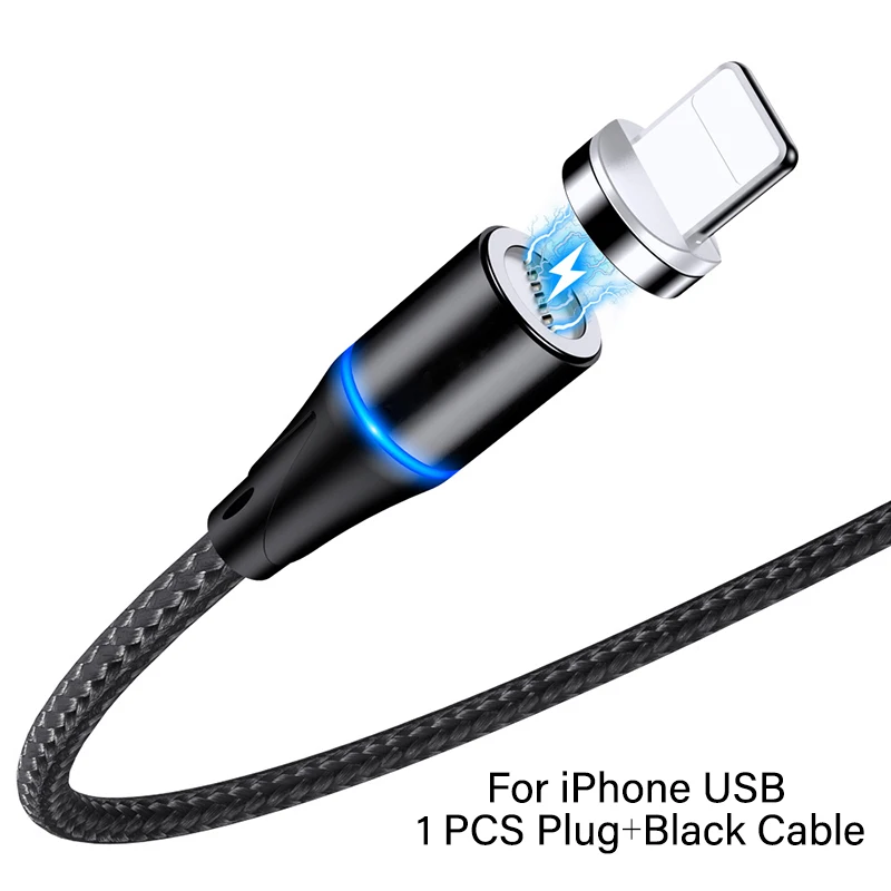 Магнитный кабель 3а 1 м, светодиодный кабель Micro usb type C, магнитный usb-кабель для зарядки iPhone X 7 huawei samsung, зарядный кабель для мобильного телефона - Цвет: For iPhone Black