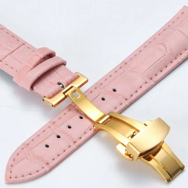 Pink-Gold Genuine Leather Watch Band Strap Stainless Steel Butterfly Clasp 14mm 15mm 16mm 17mm 18mm 19mm 20mm 22mm 24mm Watchband Gift - Цвет ремешка: Pink-Gold