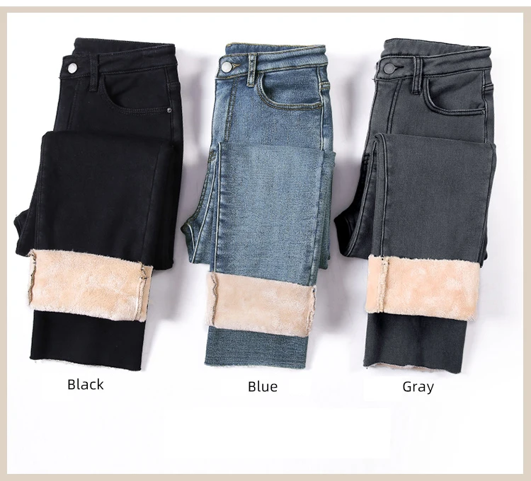 Винтажные синие джинсы женские флисовые джинсовые брюки полномерная прямая повседневная джинсы с высокой талией черные джинсы для мамы бархатные серые осенние
