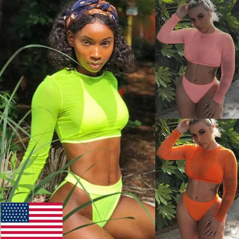 

3PCS Womens Swimwear Swimsuit Bathing Suit Bikini Set Bra Brazilian Long Sleeve Cover ups High Waist Swimming Suit