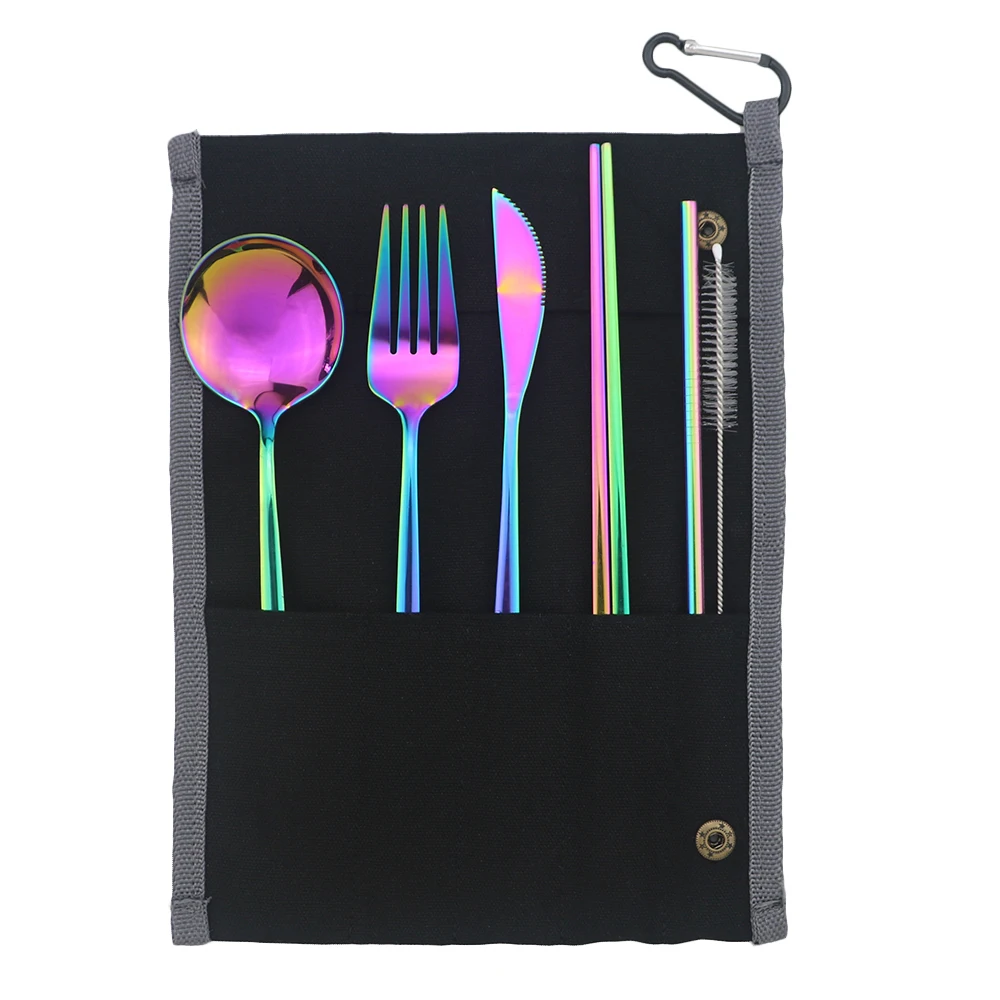 

7-Piece Colorful Portable Eco-friendly Stainless Steel Travel Cutlery Set Knife Fork Spoon Chopsticks Straws Set Picnic Flatware