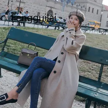 

Winter Cashmere Coat 2020 New Hepburn Style Woolen Women Coat Long Section Turn-down Collar Adjustable Waist Winter Coats