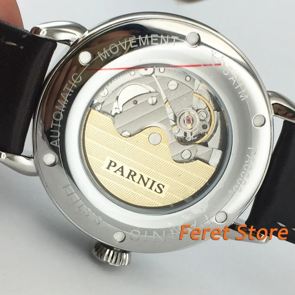 Новые мужские часы PARNIS, 42 мм, GMT, Серебряный чехол, арабский знак, дата, окно, кожаный ремешок, мужские часы для отдыха, автоматические механические часы