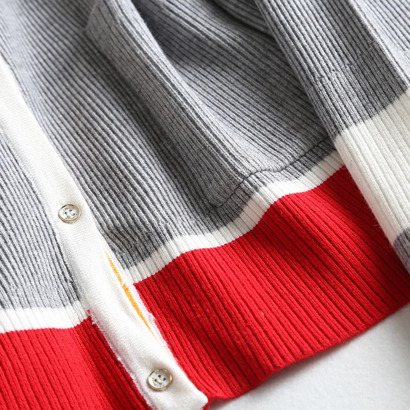 Кардиган Осенний цвет контрастный свитер с v-образным вырезом вязаный женский тонкий круглый длинный рукав повседневное короткое пальто