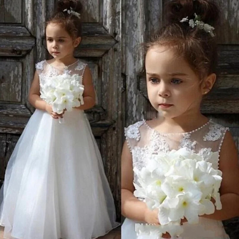 159Flower Girl Dresses Lace Appliqué Sleeveless White A-Line Tulle Beading Formal First Holy Communion Birthday Party Dresses