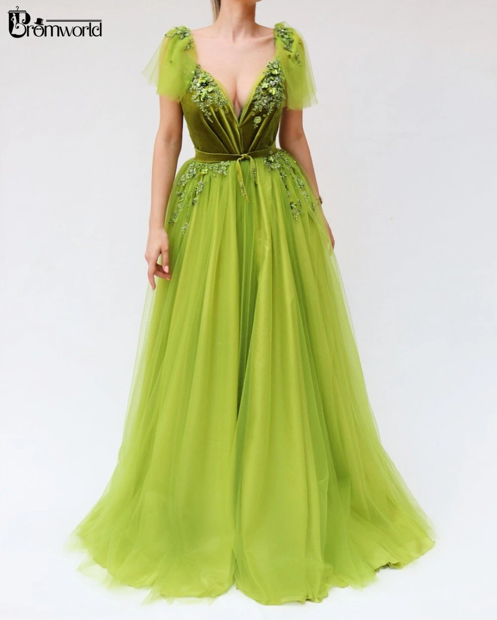 Vestido de largo de tul verde lima con cuello en V, manga larga, 2022|Vestidos graduación| - AliExpress