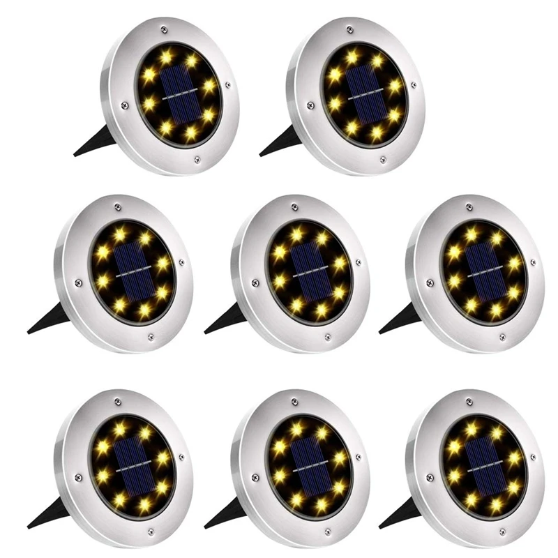 

8 LED Solar Ground Lights Outdoor Waterproof Landscape Disk Lamp for Garden Pathway Yard Deck Patio Walkway Warm White 8Packs