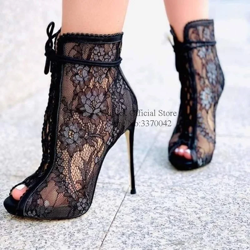 black lace up peep toe heels