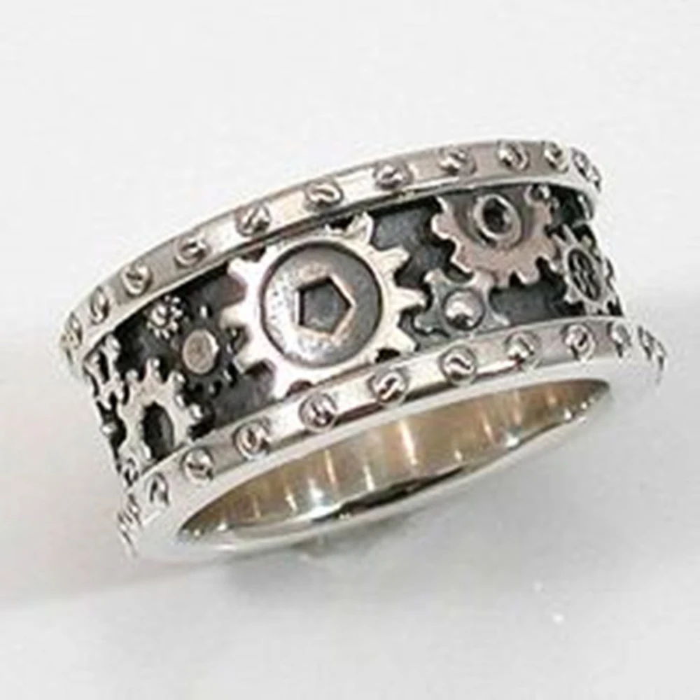 Huitan Handmade Gears Carved Finger Rings Men/Women Antique Silver Color Hiphop Punk Party Ring Personality Unisex Jewelry Hot | Украшения