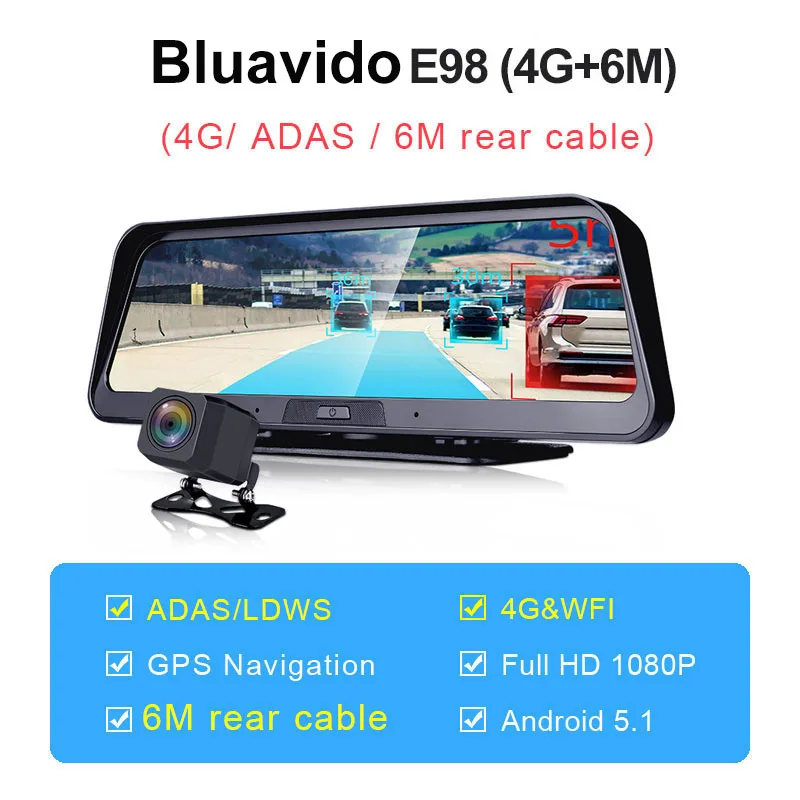 E98-4G-6M Bluavido 1" ips 4G Android умный Автомобильный видеорегистратор Камера gps навигация ADAS FHD 1080P Автомобильный видеорегистратор WiFi удаленный мониторинг - Название цвета: E98-4G-6M