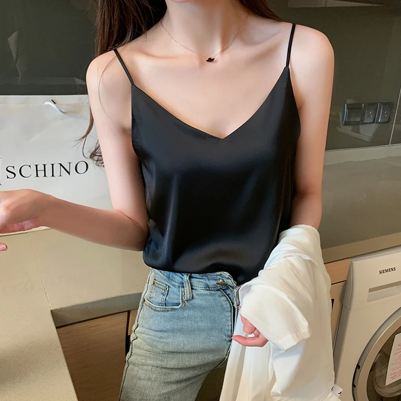 Korean Fashion Silk Women Camis Women Silk Tank Tops Woman Sleeveless Satin Top Camis Woman Halter Top Plus Size Sexy Strap Tops