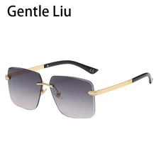 

2021 Fashion Square Rimless Sunglasses Men's Luxury Brand Designer Sun Glasses Women Vintage Black Alloy Big Frame Eyewear UV400