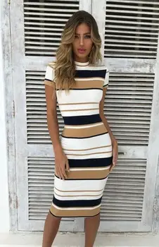 

2020 Women Casual Summer Short Sleeve Striped Dress Bodycon Office Work Slim Party Evening Formal Business Midi Pencil Dress