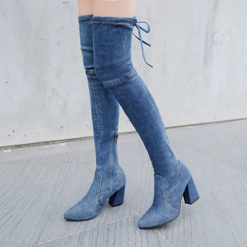 Sooneeya новая джинсовая Для женщин сапоги Демисезонный женские туфли на высоком каблуке; ботинки; сапоги-ботфорты; сапоги до бедра; большие размеры джинсовые ботинки с высоким голенищем Для женщин