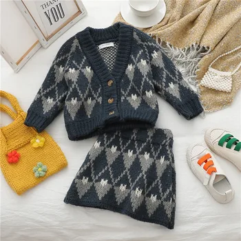 

Toddler Girls clothes Thick knitted dress-suit 2020 Spring Cardigan+skirts Princess elegant clothing sets Age for 2 to 10 girl