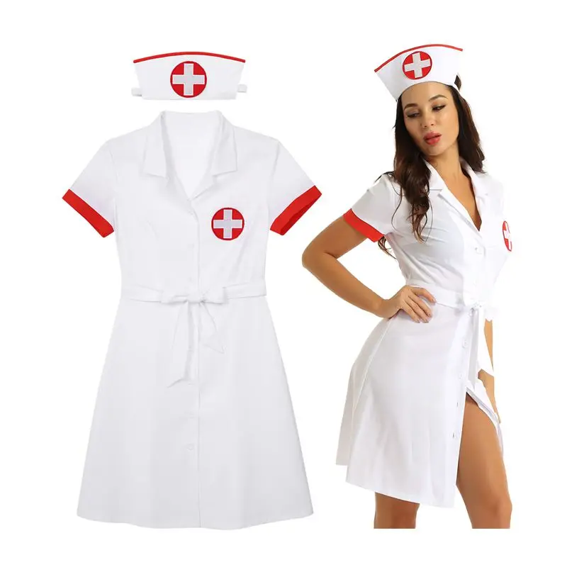 Women Halloween Theme Party Sexy Nurse Cosplay Costume Short Sleeve Lapel Collar Uniform Dress with Belt Hat Clubwear Nightwear