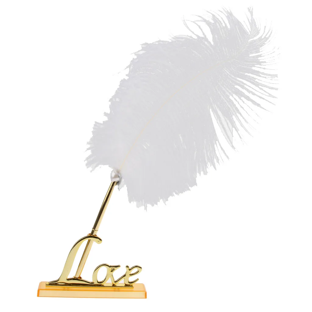 Feathers Sign Pen - Wedding Guestbook Reception Pen Set and Gold Holder with 