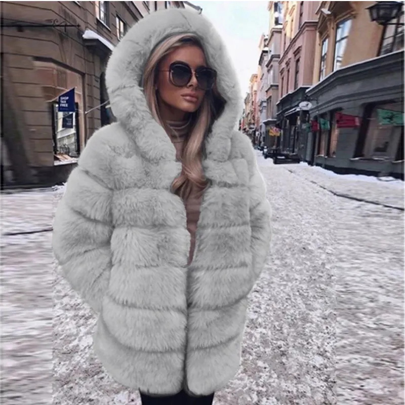 Женское пальто с капюшоном и длинным рукавом из искусственного лисьего меха, роскошная плотная куртка большого размера, Повседневная Верхняя одежда с воротником-стойкой, женская верхняя одежда из искусственного меха - Цвет: Gray