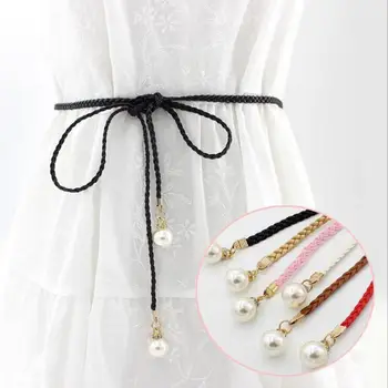 

Women Fashion Solid Color Self Tie Slim Belt Faux Pearl Waist Strap Waistband