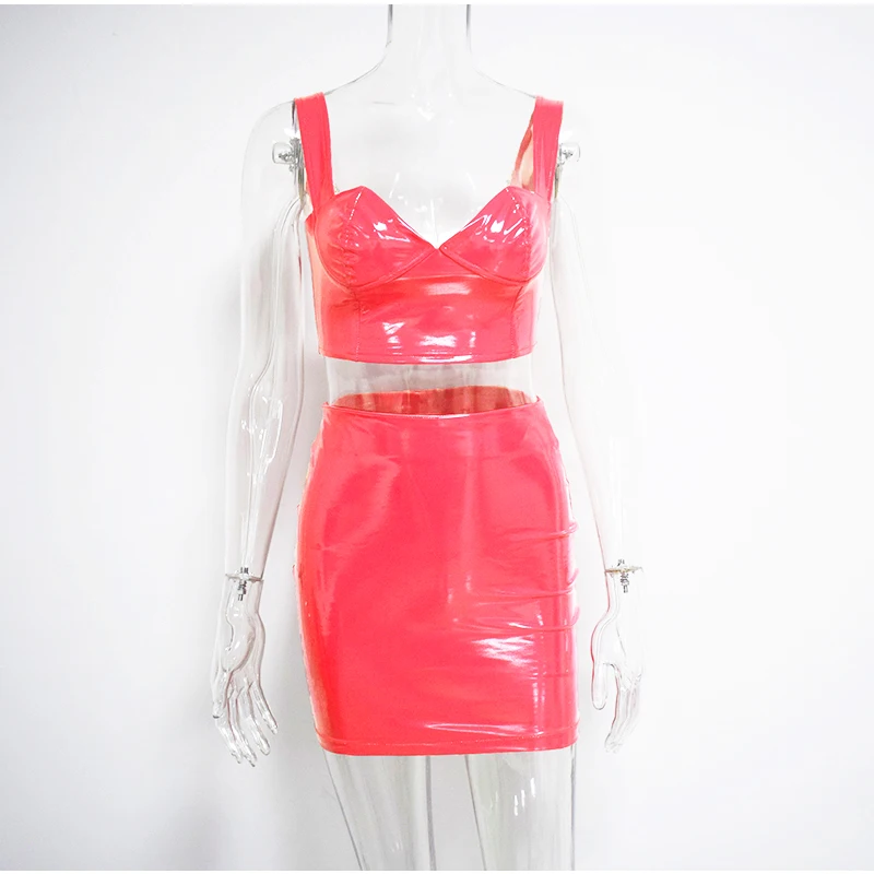 Colysmo, летнее женское платье из искусственной кожи,, открытая спина, на груди, с v-образным вырезом, сексуальные вечерние платья из двух частей, мини бодикон, неоновое, розовое