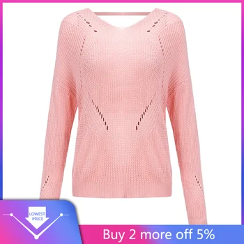 

Pink Sweater Pullover Fashion 2019 Autumn Women Solid Long Sleeve Clothes Hollow Out Back Cross Lace Up Knitted Sweater #C11
