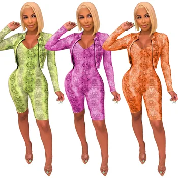 

2019 New Women Set Sexy Snake-skin Printed Jacket Coat and Jumpsuits Pants Outfits Suit