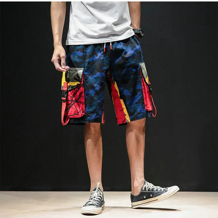 Blue Camouflage Красивые модные карго-шорты для мужчин хип-хоп летняя уличная одежда Камуфляжный принт лента Карманы шнурок длиной до колена Короткие бегуны для мужчин - Цвет: Blue Camouflage