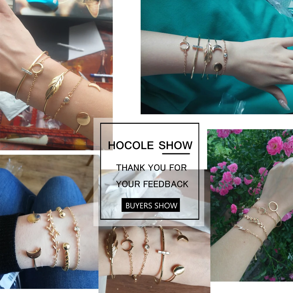 HOCOLE Fashion Punk Gold Chain Bracelet Set For Women Moon Leaf Crystal Open Cuff Bangles Bracelets Female Charm Beach Jewelry