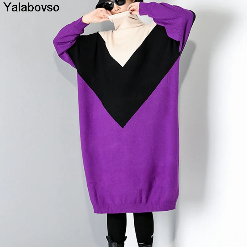 

2020 Winter New Color Contrast High Collar Fashion Sweater Batwing Sleeves Large Elastic Wool Dresses For Women