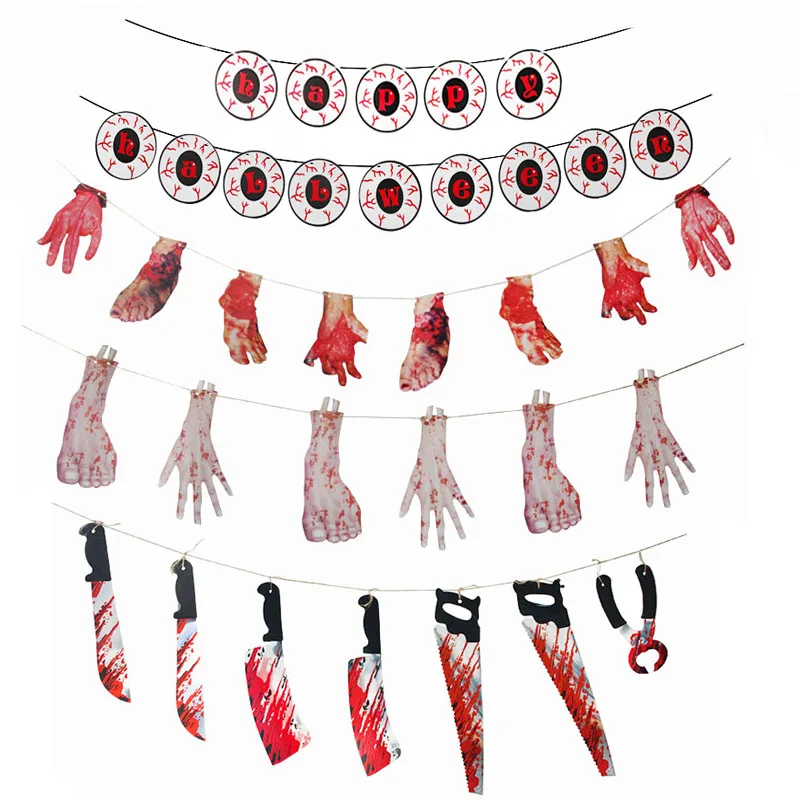 

Halloween Garland Decoration Spooky Bloody Knife Saw Axe Rotten Hand Foot Paper Hanging Banner Crazy Haunted house Hallowmas