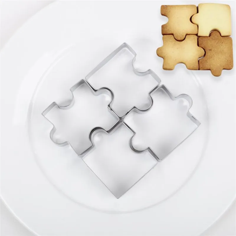 Cookie Cutter 4Pcs 3D Stainless Steel Cookie Puzzle Shape Cookie Cutters Toast Cutter DIY Biscuit Mold Dessert Bakeware Cake Fondant Mold Tool
