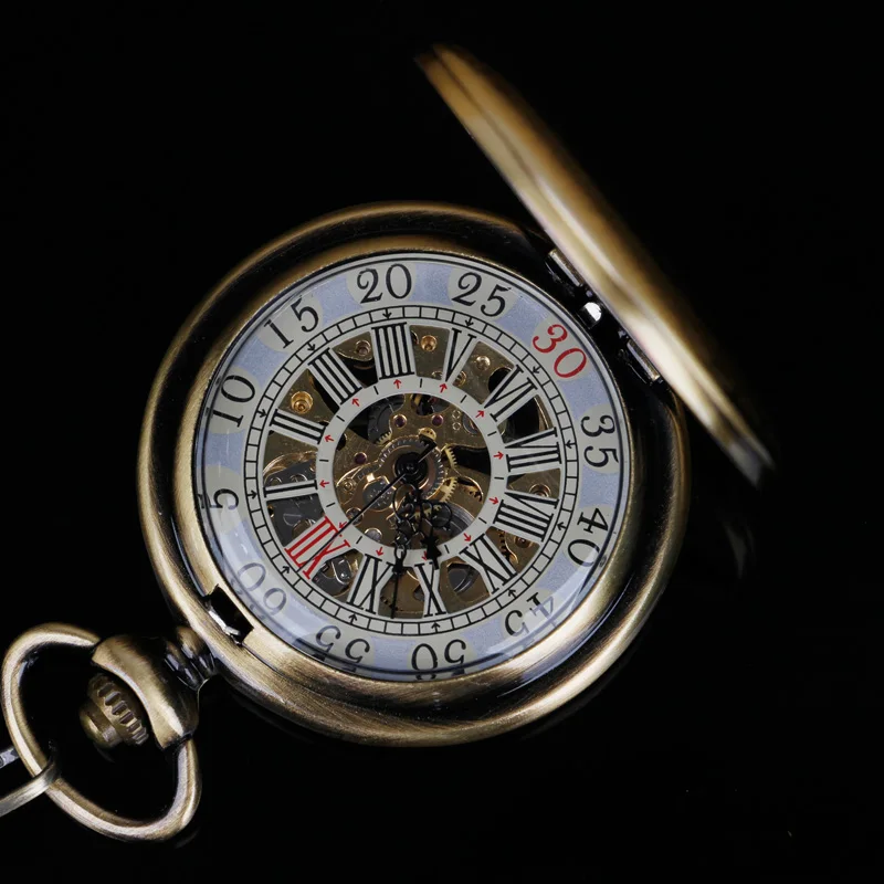 Best Gifts Hand Wind Mechanical Pocket Watch With Fob Chain Mens Hollow Skeleton Dial Bronze Steel Steampunk Watch Relogio