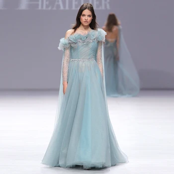 

Verngo A Line Evening Dresses Blue Beading Formal Dress Elegant Off The Shoulder Prom Dress Long Sleeves Shining Party Gowns