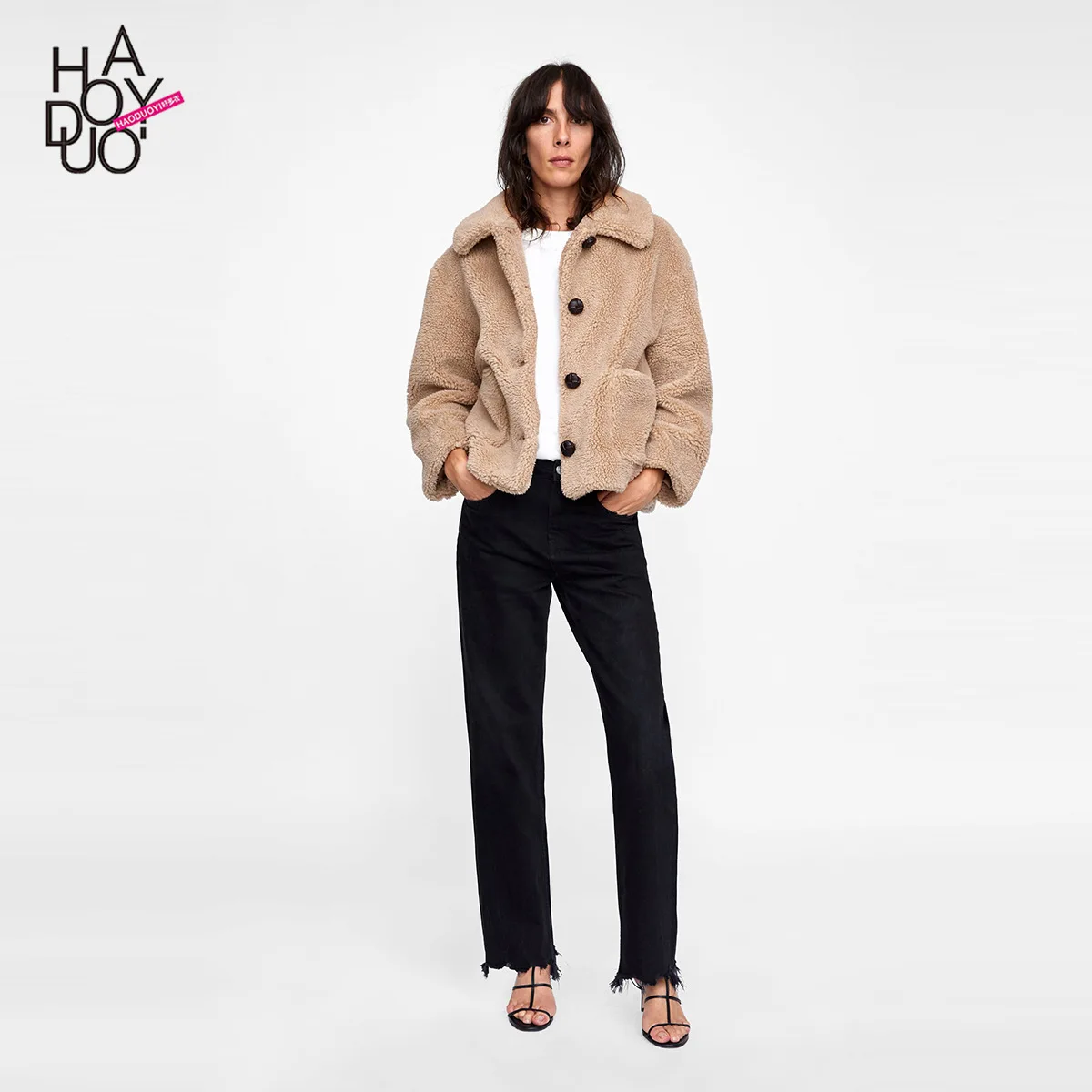 

Europe And America Fashion Sweet Cute Fold-down Collar Single Breasted Double Patch Pocket Autumn And Winter Thick Faux Fur Casu