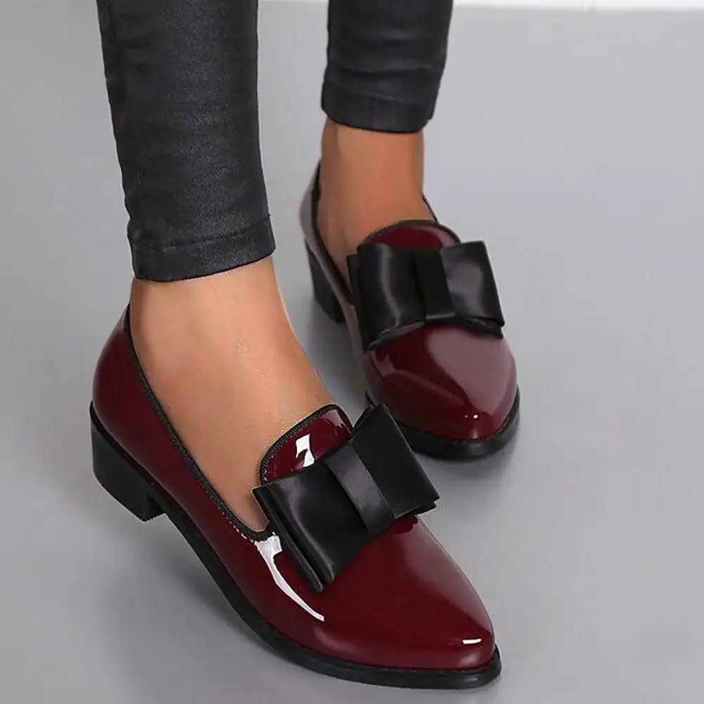 Spring Flats Women Shoes Bowtie Loafers Patent Leather Women's Low Heels Slip On Footwear Female Pointed Toe Thick Heel women shoes women flats