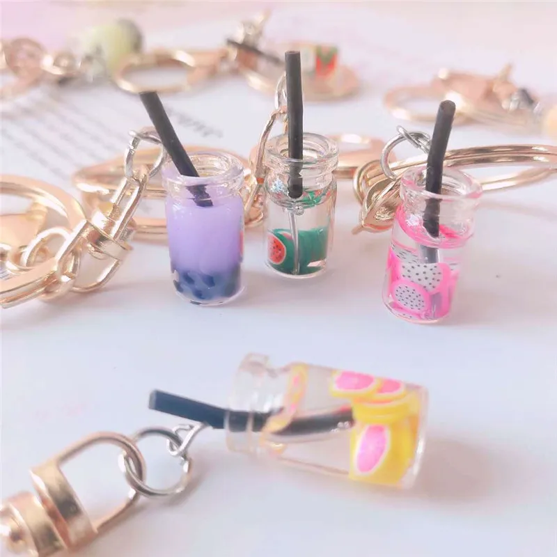 

Pearl Milk Tea Keychain Creative Car Key Ring Metal Gift Pendant Color Random