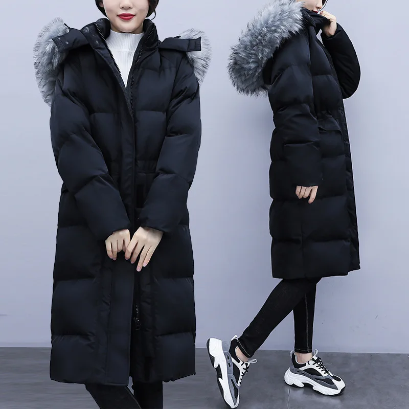

2019 Winter New Style Korean-style Large Size Dress Fat Mm Plus-sized Fur Collar Thick Warm Long Cotton Coat Trend