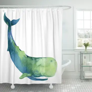 

Watercolor Marine Sperm Whale Green Life White Water Cachalot Bathroom Decor Shower Curtain Sets with Hooks Polyester Fabric