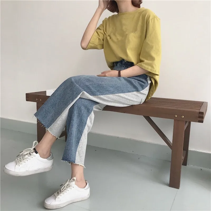 New Autumn Women Straight Pants Casual Loose Patchwork High Waist Jeans Pants Pockets Pocket Hair Edge Denim Trousers